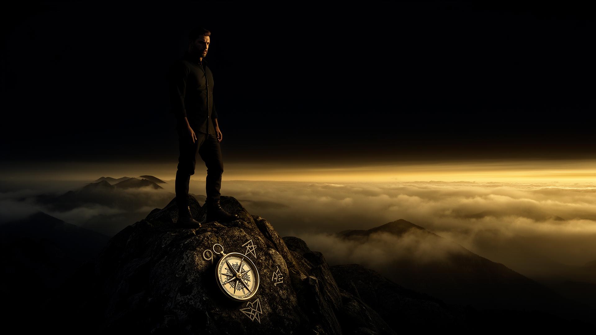 A man standing alone at the summit at dusk, an ancient compass beside him